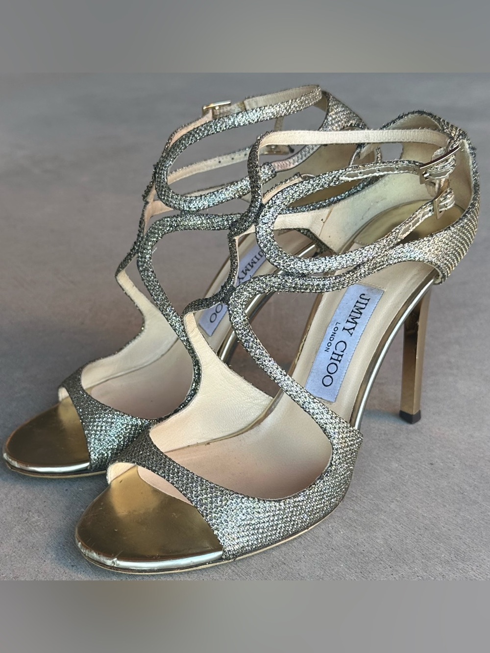 Jimmy Choo Lang 100 Champagne Gold Lame Glitter Cage Sandals Heels IT 38.5
